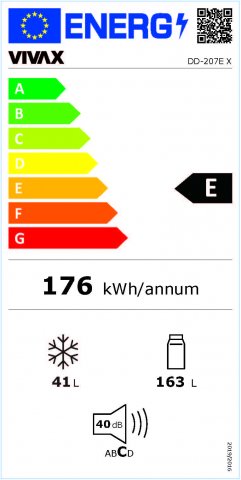Vivax DD207EX felülfagyasztós hűtőszekrény, 163+41 liter, E, inox szín - Szabadonálló hűtő, hűtőszekrény