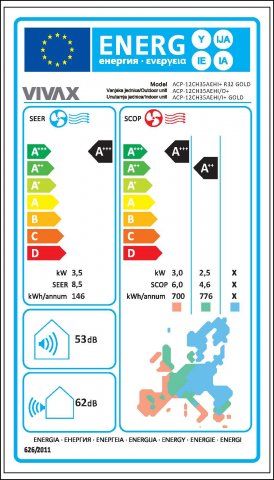Vivax ACP12CH35AEHI+Gold oldalfali inverteres hűtő-fűtő design split klíma szett, 3,5kW, A+++/A++, csepptálca fűtés, Wifi ready - Split klíma