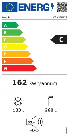 Bosch KGN39LBCF kombinált hűtőszekrény, 260+103 liter, C, Fekete üveg borítású ajtókkal. NoFrost - Szabadonálló hűtő, hűtőszekrény